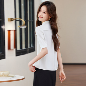 Women's <b>White</b> Short Sleeve Chiffon Shirt With Ribbon Tie Office Professional Blouse Solid Color Polyester Fabric - Product Image 4