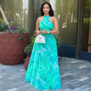 เดรสเชือกแขวนคอสำหรับผู้หญิงเดรสยาวผ้าโปร่งสีน้ำเงินดีไซน์ใหม่ใส่สบาย - Product Image 1