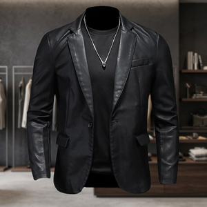 <b>Men's</b> Slim Fit PU Leather Blazer Black Turn-down Collar Single Button <b>Smart</b> Casual <b>Jacket</b> Autumn Style - Product Image 4