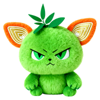 Peluche verte à visage furieux avec oreilles oranges et décorations en feuilles d'or, jouet en peluche doux