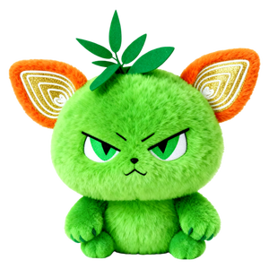 ตุ๊กตาขนฟูสีเขียวหน้าโกรธ หูสีส้ม ประดับใบไม้สีทอง ตุ๊กตาสัตว์นุ่มนิ่ม - Product Image 1