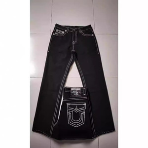 Jeans délavés style américain pour le commerce électronique transfrontalier, coupe droite, taille mi-haute, avec motif <span class=keywords><strong>Bouddha</strong></span> religieux en fil épais blanc - Product Image 2
