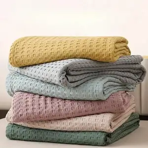 Pure Cotton Waffle Plaid Blanket Luxury Modern Throw Blanket Knitted Thin Quilt Plain Soft Cozy Sofa Cover Bedspreads Home Decor