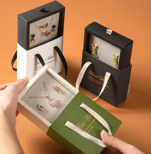 Çekmece mücevher kutusu kağıt düğün için kolu ile seyahat taşınabilir yüzük küpe kolye hediye paketleme organizatör durumda mücevher kutusu