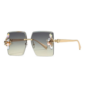 Lunettes de soleil sans monture Z2000 pour femmes, en métal noir, UV400, ornées de strass et de perles, verres carrés, type 3, pare-soleil - Product Image 5