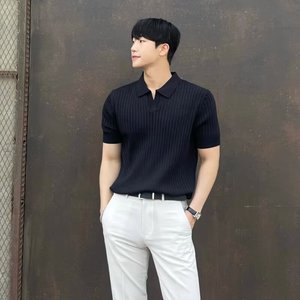 Polo à manches courtes rayé pour homme, coupe ajustée, respirant, couleur unie, tricot décontracté, blanc, noir, vert, abricot, MLXL2XL3XL - Product Image 2