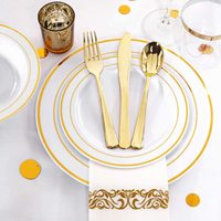 Service de vaisselle jetable carré en plastique doré réutilisable, assiettes, serviettes, gobelets, couverts robustes pour mariage et fête