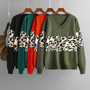 Abbigliamento da <span class=keywords><strong>donna</strong></span> autunno e inverno nuovo semplice scollo a V maglione abbinato leopardato da <span class=keywords><strong>donna</strong></span> - Product Image 5
