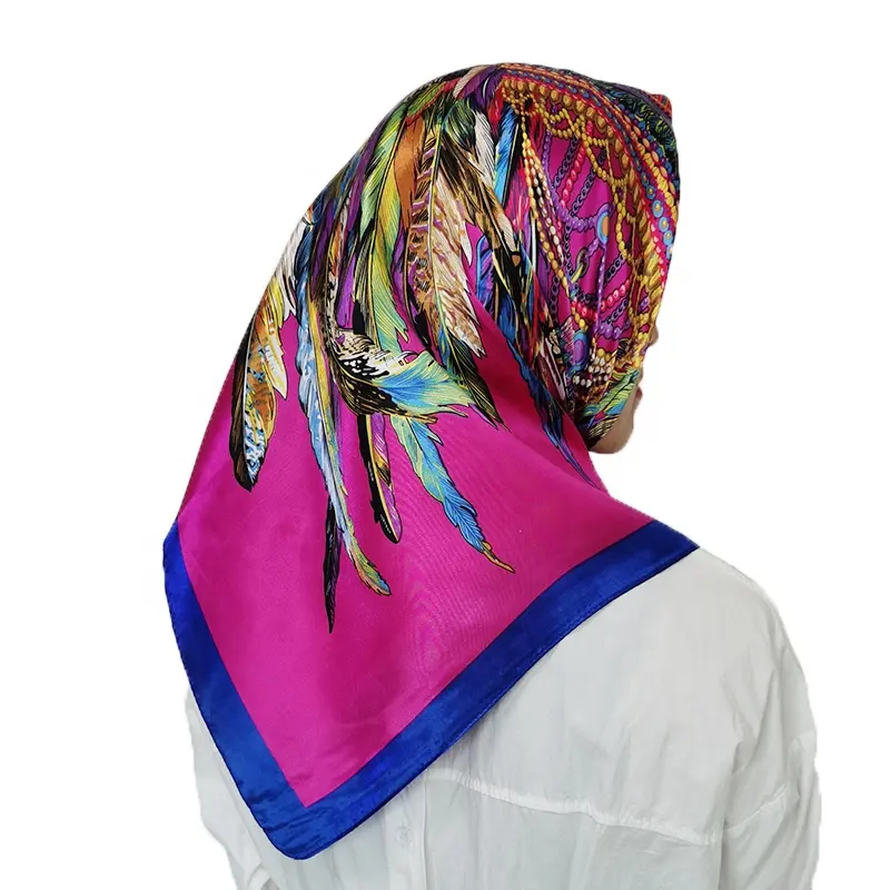 Fashion Lady Feather Print Silk Square Scarf Polyester Shawl Mix Color Women Hijab Foulard In 90 * 90 cm Neck Scarf In Stock