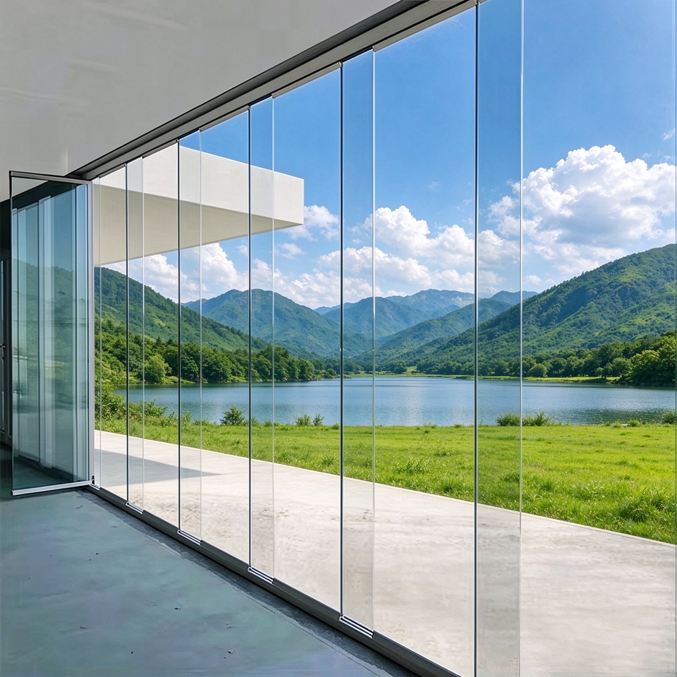 Balcony Folding Glass Partition Door Frameless Folding Door Stack ...