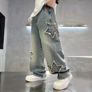 <span class=keywords><strong>Jeans</strong></span> in Denim a cinque stelle da ragazzo, nuovo Design stile americano, primavera-autunno, pantaloni larghi da strada con toppa dritta - Product Image 6