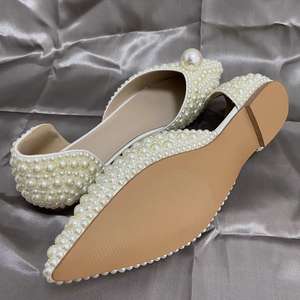 Chaussures plates blanches pour mariée, sandales à talons bas pour femme, chaussures de fête, avec perles, direct usine - Product Image 4