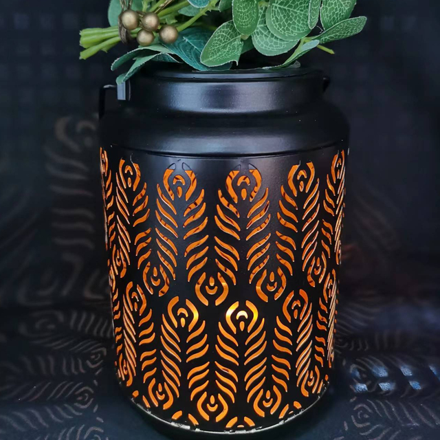 Outdoor Solar Hanging Lantern Lights Metal LED Decorative Lamp for Garden Patio Courtyard Lawn Table With Hollowed-Out Design