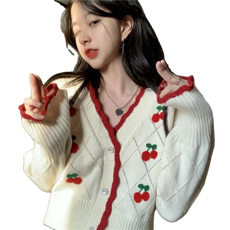 OEM秋の女の子韓国ルーズチェリー刺繍カーディガンカスタムクロップトップスかぎ針編みボタンニットセーターショートカーディガン女性