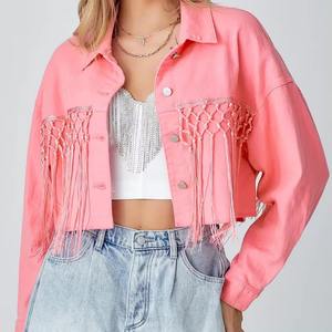 Nueva llegada Rosa Blanco recortado borla Denim mujer Howdy Chaqueta corta Jean blanco rasgado chaqueta con flecos - Product Image 3