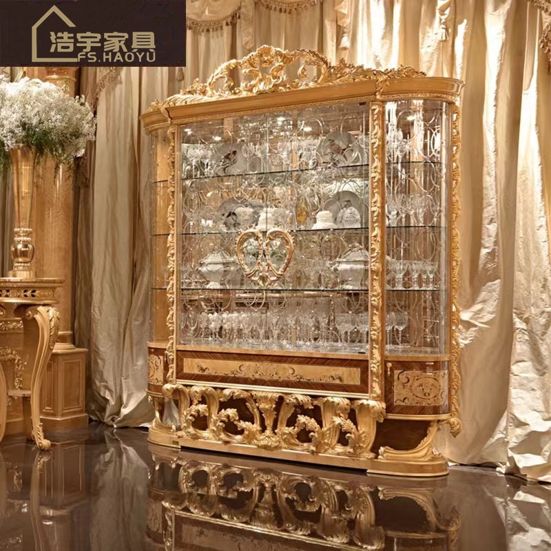 Antique Curio cabinets Dining room set Vintage furniture carved wine Rococo Glass display case wood luxury china cabinet