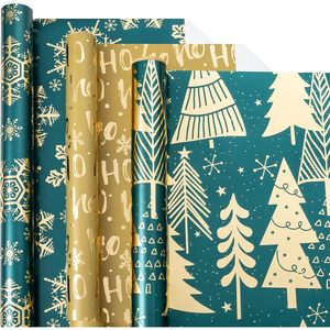 Christmas Wrapping Paper Rolls Green Gold Foil Snowflakes Trees Ho Letters Gift Wrap Set 17x120in 42.5 Sq Ft Recyclable - Product Image 1
