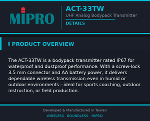 Transmisor MIPRO Resistente al Agua IP67 con Conector de 3.5mm y Cierre de Rosca a Prueba de Polvo para Micrófono Deportivo en Exteriores - Product Image 4