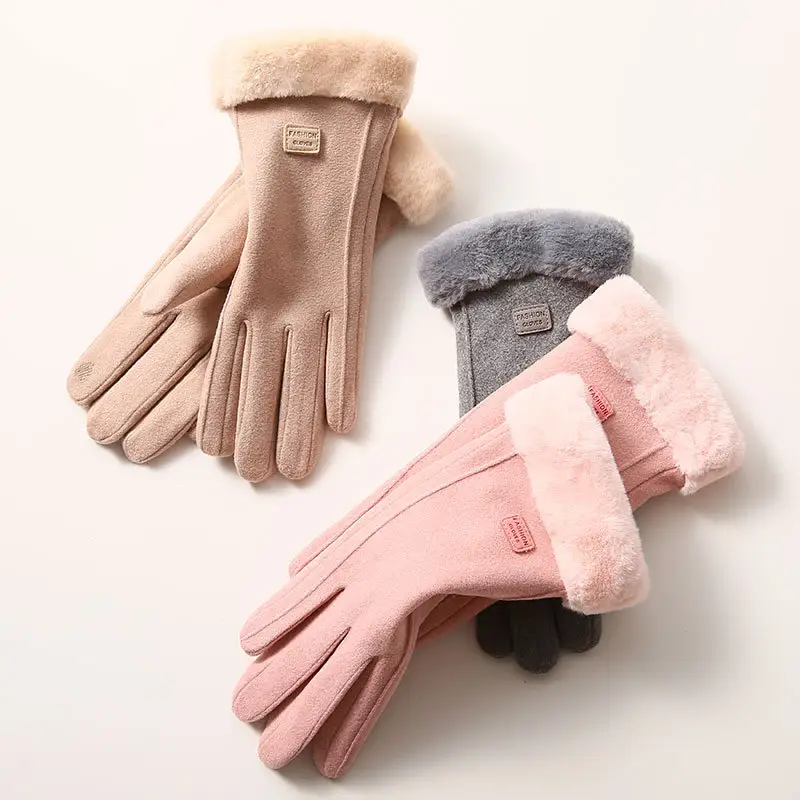 新しいデザインフェイクファーベルベット女性冬暖かい手袋アウトドアスポーツ乗馬厚くタッチスクリーングローブ