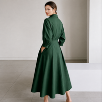 Robe midi pour femme, col chemise, unie, taille nouée, amincissante, manches 3/4, décontractée, élégante, en lin/coton, avec poches