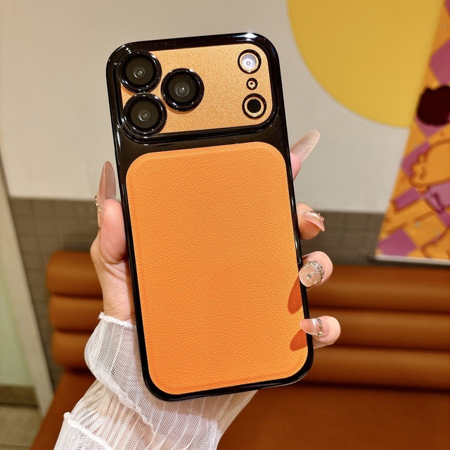 High Quality Trending Luxury Hard PC Leather Phone Case for Phone 17 Pro Max Electroplate Special Craft Camera Protection Orange