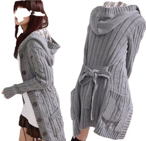 Design spécial largement utilisé coréen hiver long ceinturé <span class=keywords><strong>cardigan</strong></span> <span class=keywords><strong>à</strong></span> <span class=keywords><strong>capuche</strong></span> pour les femmes - Product Image 1
