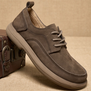 Chaussures de marche pour hommes en cuir de vache véritable, bout rond, à lacets, semelle extérieure en caoutchouc souple, couleur unie, style décontracté bas - Product Image 1