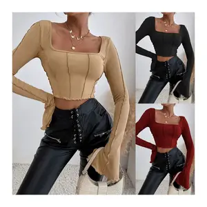 W2548 Hot Sale Praça Pescoço Colheita Camisas Mulheres Preto Khaki Manga Longa Casual Malha Tops Sexy Tanques Top