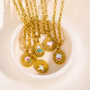 Fashion perhiasan produsen baja tahan karat berlapis emas dicat hati bunga liontin kupu-kupu kalung musim panas
