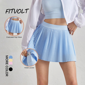 FITVOLT Jupe-short de yoga plissée unie pour femme, taille haute élastique, coupe ajustée, avec poches, doublure anti-transparence, extensible dans les quatre sens - Product Image 1