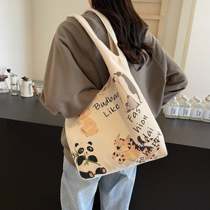 Cute Cartoon Canvas Tote Bag For Women Off White Khaki Fashionable Design Everyday Use Student Commuting Shoulder Bag - Product Image 1