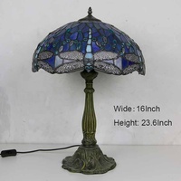 Lampe de table LongHuiJing, design libellule bleue, abat-jour antique fait main de 16 pouces, adapté au salon, à la chambre à coucher