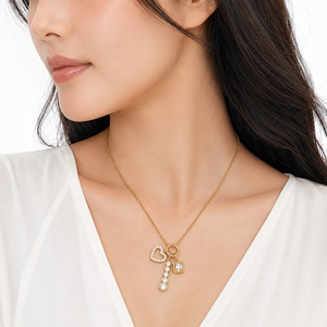 Heart Square <b>Charm</b> Necklace Stainless Steel Zircon <b>Graduated</b> Drop Curb Chain Gold and Silver Color Options - Product Image 5