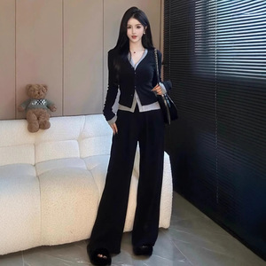Women's Knitted Two-Piece Set Full Sleeve Splicing High Waist Wide Leg Pants Solid Color Casual Suit Apricot Black - Product Image 3