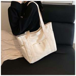 Sac à bandoulière en toile réutilisable décontracté à grande capacité avec logo imprimé personnalisé, sac de plage en coton avec poche extérieure et latérale - Product Image 3