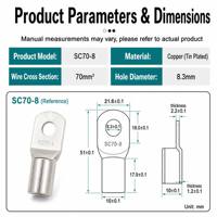 Borne de sertissage pour câble en cuivre SC70-8, 70mm², plaquée étain, connecteur à anneau fermé M8, approvisionnement en vrac OEM