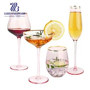 Glass Cups Manufacturers Small MOQ 18oz Custom Glass Stemware Wholesale Wine Glass Popular Gold Rim Wine Glass Cup Pink Color