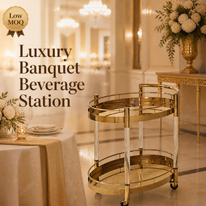 Chariot de service de boissons de <span class=keywords><strong>mariage</strong></span> ovale à 2 niveaux en or de luxe moderne avec pieds en acrylique transparent, chariots de bar à nourriture portables pour banquets - Product Image 2
