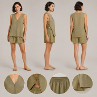 Ensemble deux pièces pour femmes, haut sans manches à col en V avec fermeture éclair sur le devant, short à taille élastique, tenue décontractée d'été