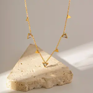 2023 Fashion Women's Jewelry Stainless Steel 18K Gold-plated Triangle Cone Pendant with Diamond Zircon Waterproof Neckchain