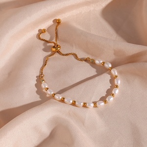 Unique <strong>Drawstring</strong> Fresh Water Pearl Bead <strong>Bracelet</strong> 18K Gold Plated Stainless Steel Chain <strong>Bracelet</strong> - Product Image 5