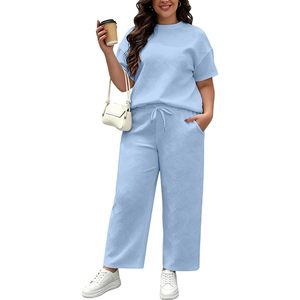 FOXA Womens Plus Size Sweatsuit 2 Piece Summer Short Sleeve <b>Tops</b> Wide Leg Pants Tracksuit Lounge Sets - Product Image 1