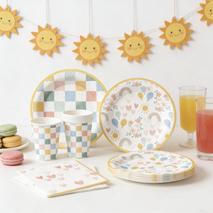 DAMAI Kids Happy Birthday Party Supplies Rainbow Macaroon Checkered Round Shape <b>Disposable</b> <b>Tableware</b> Paper Napkins Cups Plates - Product Image 1