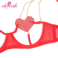 Ensemble Soutien-Gorge et Culotte Rouge Sexy de Haute Qualité, Lingerie Chaude pour Femme, Maille Fantaisie avec Chaîne Cœur, Lingerie Érotique Grande Taille