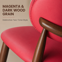 Fauteuil de salle à manger rembourré magenta avec structure en acier carbone à grain de bois, dossier incurvé, dossier ouvert et renfort en X