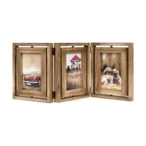 Rustic Wood Hinged Folding Triple Picture Frames Collage Double-Sided Display Rotatable Photo Frame for Home Table Top