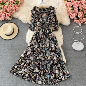 Resort estilo de manga comprida em torno do pescoço vestido puff manga retro vestido solto fino floral impressão hem vestido longo para as mulheres