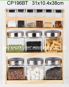CP196W 6 Cái 80Ml Glass <span class=keywords><strong>Spice</strong></span> Jar 3 Cái 680Ml Và 3 Cái 500Ml Thủy Tinh Vuông Lưu Trữ Thực Phẩm Jar Với Nắp Gỗ Đứng Bằng Gỗ - Product Image 5