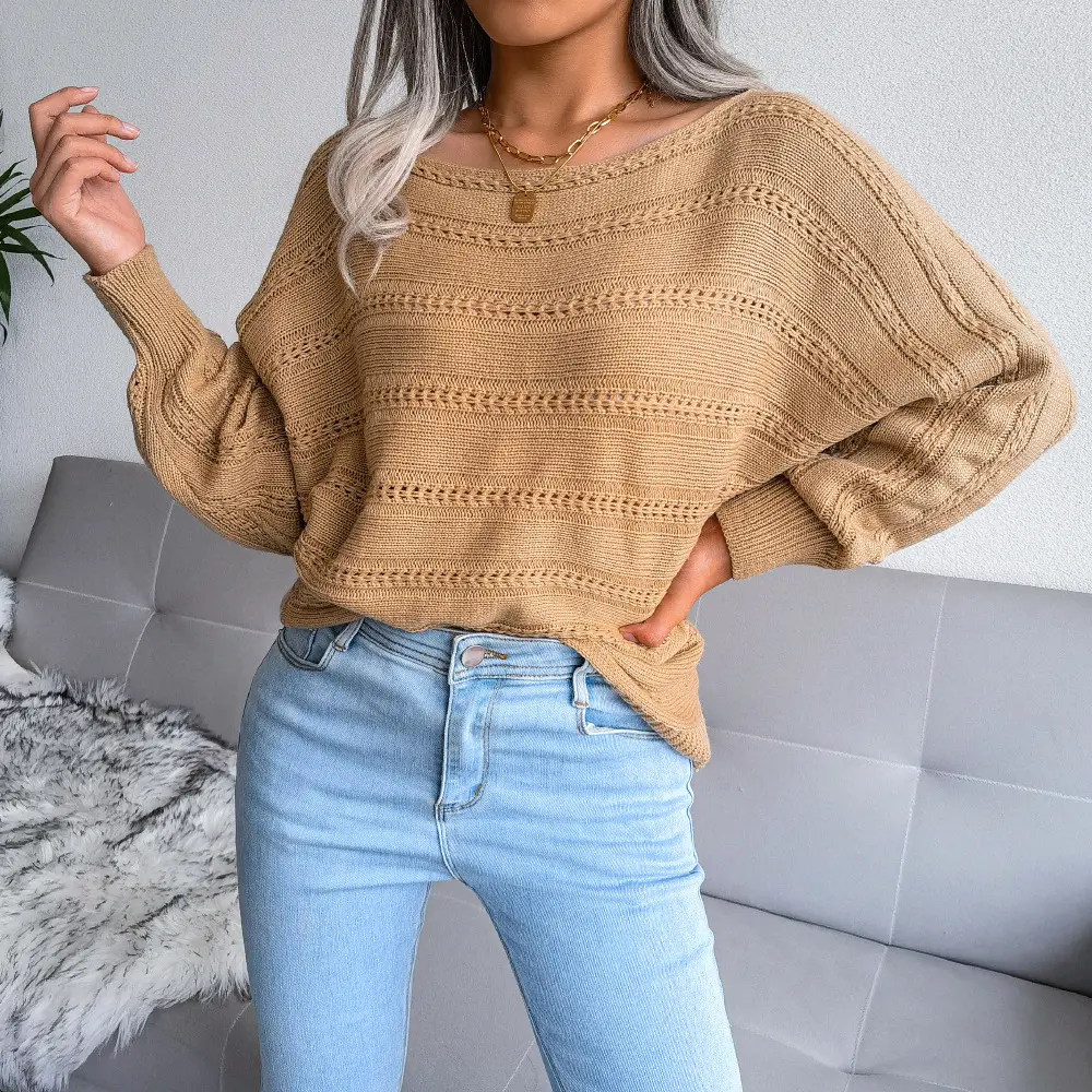Hot Selling Knit Sweater Women Boat Neck Hollow Out Knitted Solid Pullover High Quality Ladies Casual Sweater Pull Jersey