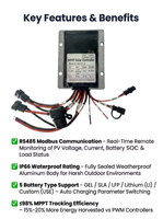 Controlador de Carga Solar MPPT IP66 Impermeable 20A 12V 24V Automático, Regulador Totalmente de Aluminio RS485/Modbus 480W Máx. PV para Marino y RV